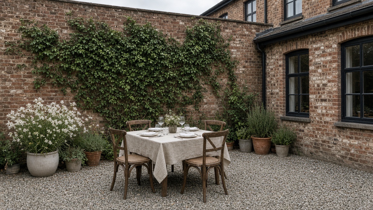 A gravel courtyard with a linen table for four, brick walls, ivy, and pots of white flowers.