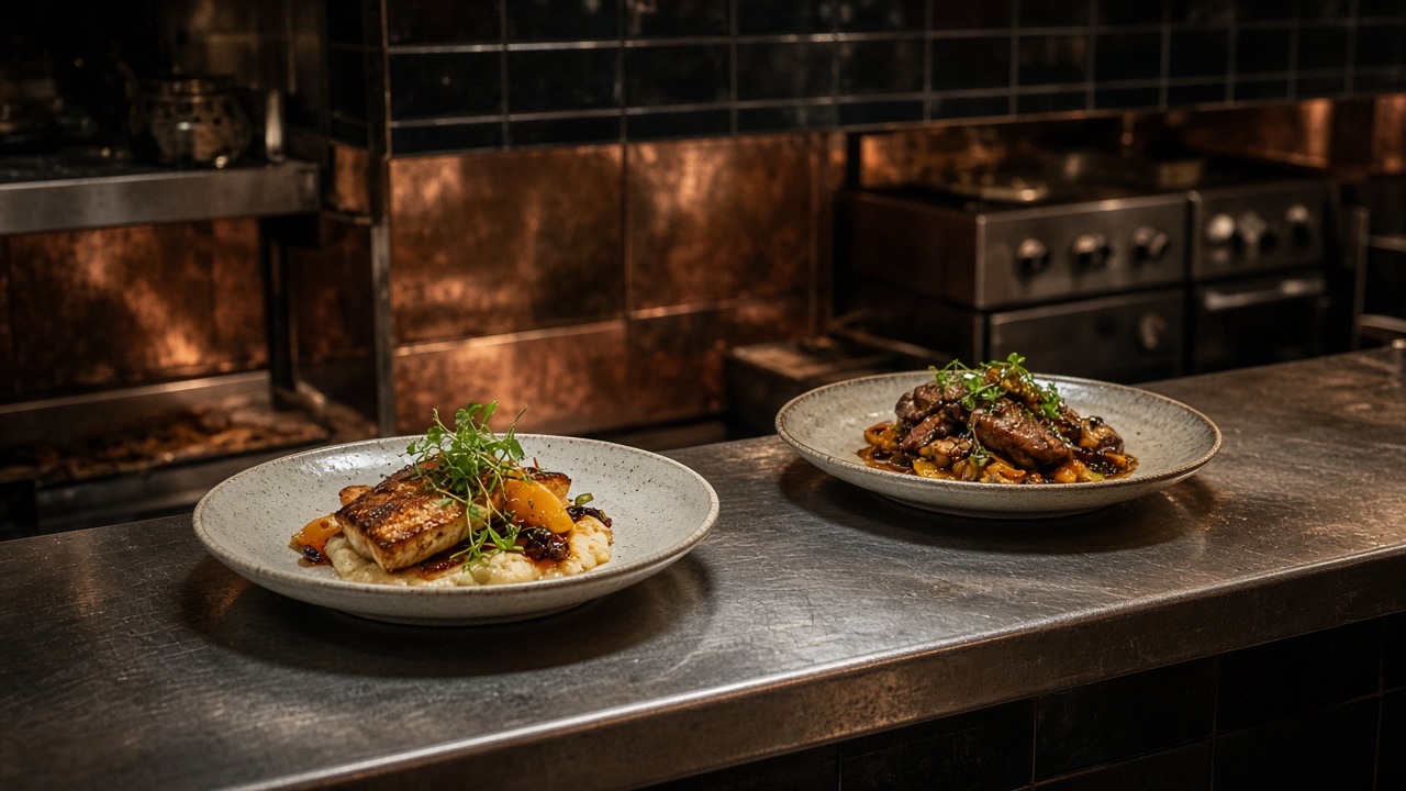 Two finished plates on a steel kitchen pass, with tile and a range behind them.