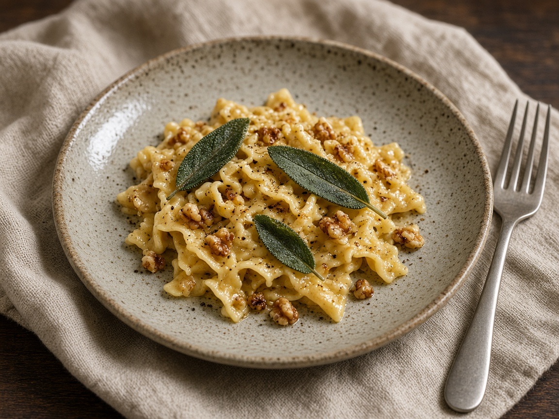 Hand-cut pasta with sage and walnuts on a speckled ceramic plate.