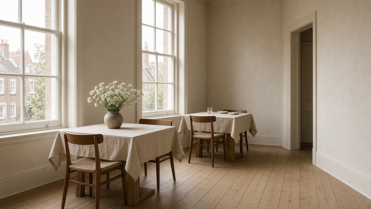 Two linen-covered tables and wooden chairs in a bright plaster dining room, with white flowers beside tall windows.