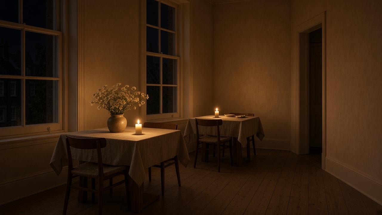 The same dining room at night, with candles on the linen tables and darkness outside the windows.