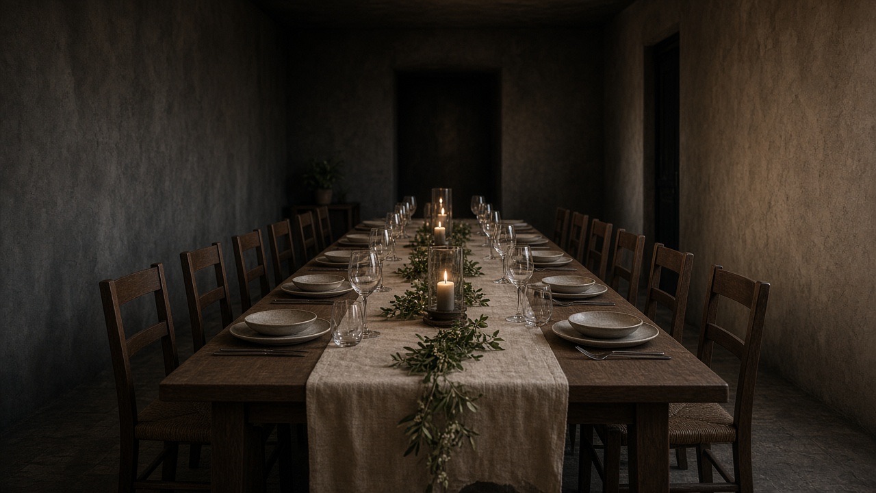 A long table set with linen, candles, and empty chairs in a narrow room.