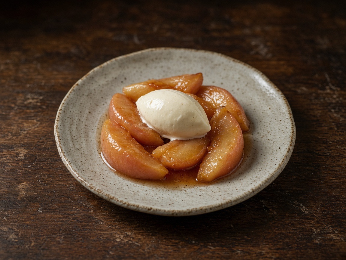 Poached fruit and a spoon of cream on a small ceramic plate.