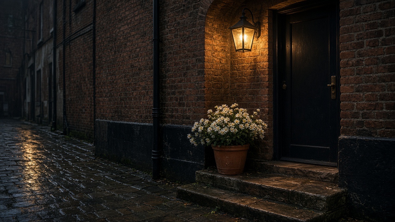 A wet cobblestone lane, a black door, a lantern, and a pot of white flowers on the step.